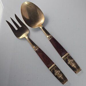Thialand Bronze Rosewood Salad Serving Set riveted handle Siam 1960s Thai Pan
